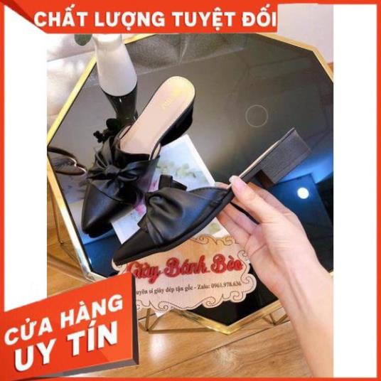 DÉP SỤC MŨI NHỌN NƠ XOẮN chất da mờ lì 2 màu Đen Kem Giày Bánh Bèo mã SucXoanNo