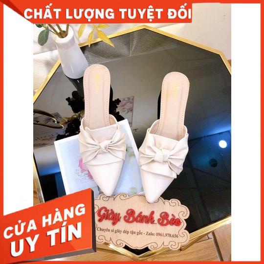 DÉP SỤC MŨI NHỌN NƠ XOẮN chất da mờ lì 2 màu Đen Kem Giày Bánh Bèo mã SucXoanNo