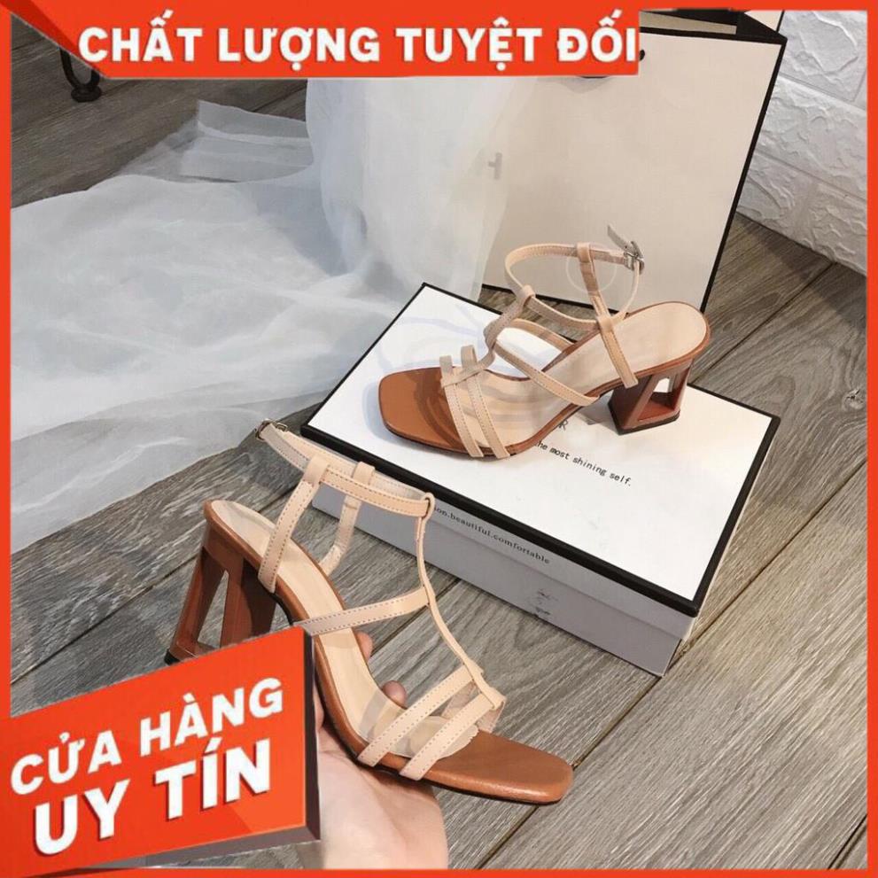Giày Sandal Nữ Phối Dây Gót Khoét pha 2 màu cao 7P Đơn giản mà Tinh tế  - Giày Bánh Bèo mã Gót Khoét