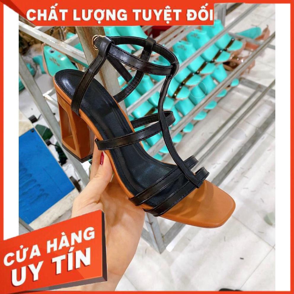 Giày Sandal Nữ Phối Dây Gót Khoét pha 2 màu cao 7P Đơn giản mà Tinh tế  - Giày Bánh Bèo mã Gót Khoét