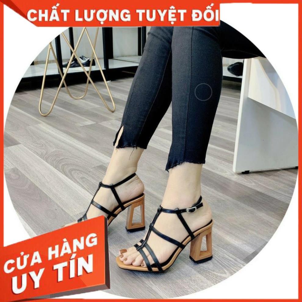 Giày Sandal Nữ Phối Dây Gót Khoét pha 2 màu cao 7P Đơn giản mà Tinh tế  - Giày Bánh Bèo mã Gót Khoét