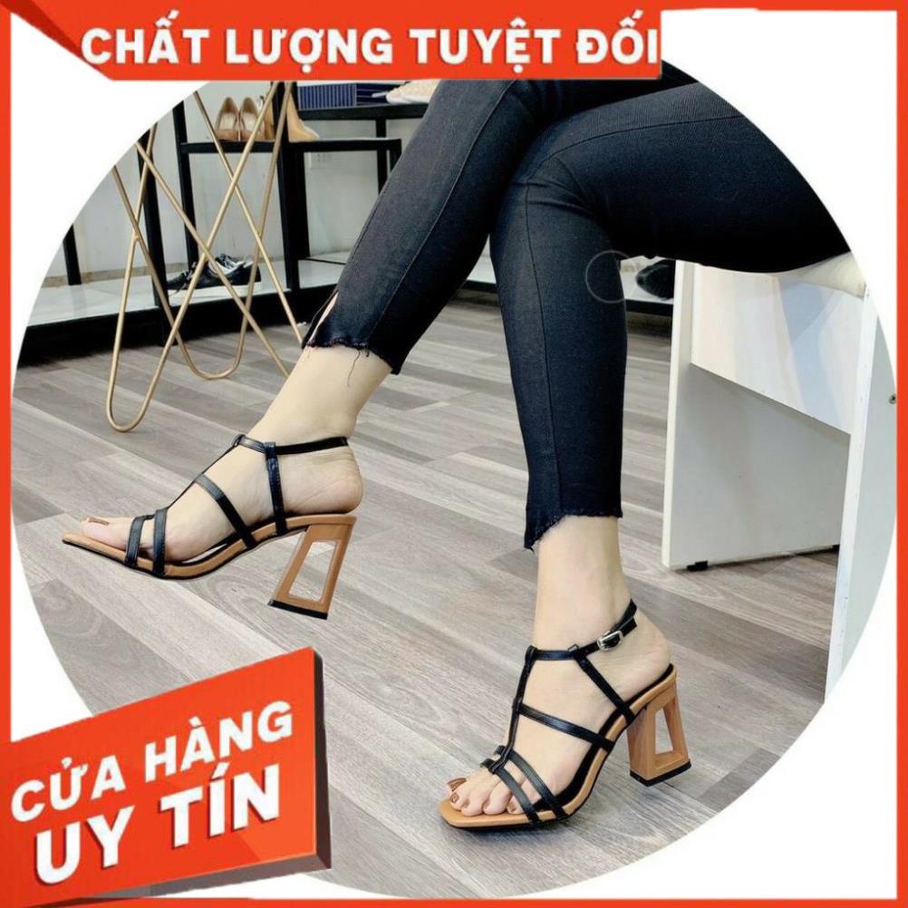 Giày Sandal Nữ Phối Dây Gót Khoét pha 2 màu cao 7P Đơn giản mà Tinh tế  - Giày Bánh Bèo mã Gót Khoét