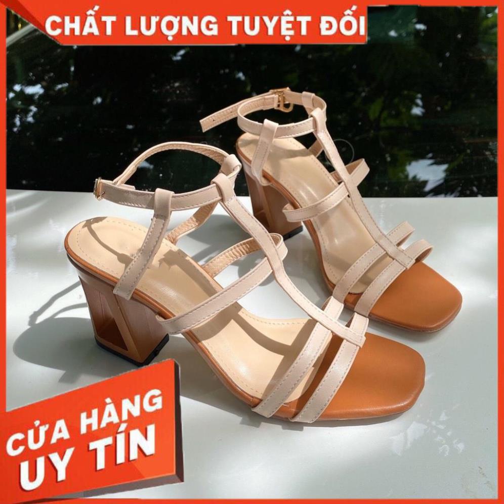Giày Sandal Nữ Phối Dây Gót Khoét pha 2 màu cao 7P Đơn giản mà Tinh tế  - Giày Bánh Bèo mã Gót Khoét