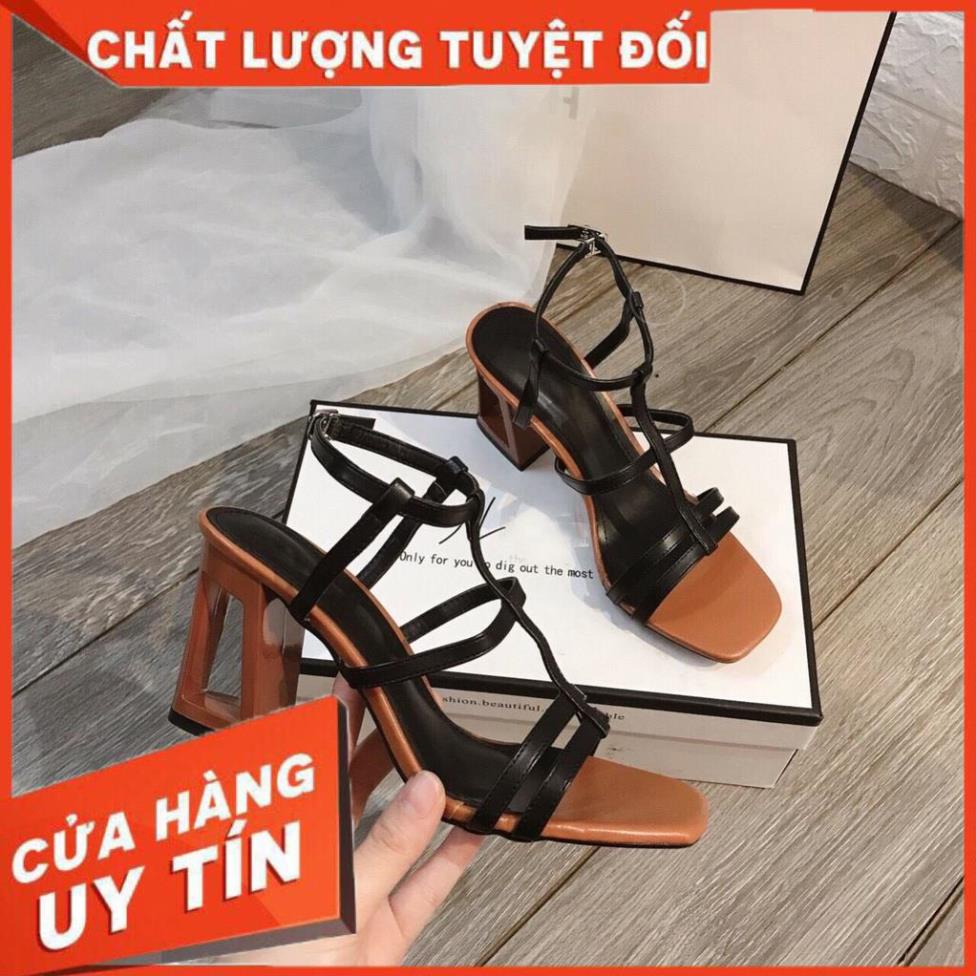Giày Sandal Nữ Phối Dây Gót Khoét pha 2 màu cao 7P Đơn giản mà Tinh tế  - Giày Bánh Bèo mã Gót Khoét