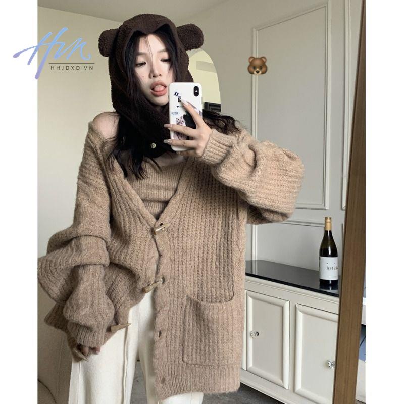 Phong cách hàn quốc phong cách mới thiết kế sáp mềm mại cảm thấy nút sừng dệt kim cardigan nữ sinh phong cách lười biếng lỏng v-cổ s