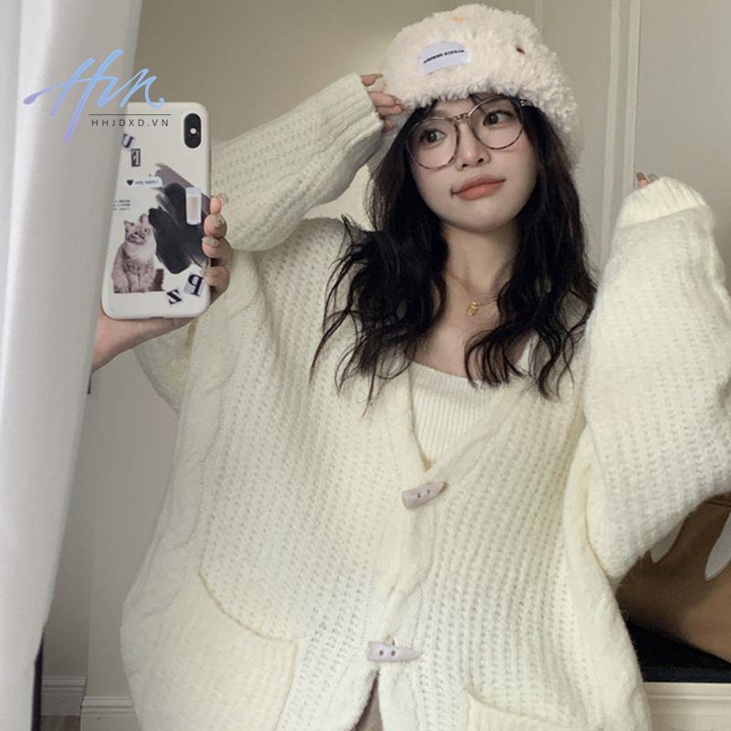 Phong cách hàn quốc phong cách mới thiết kế sáp mềm mại cảm thấy nút sừng dệt kim cardigan nữ sinh phong cách lười biếng lỏng v-cổ s