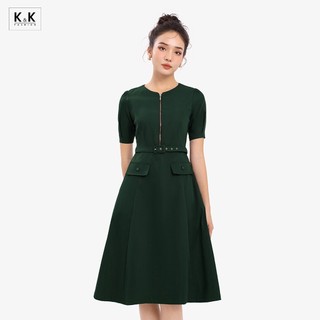 Đầm liền công sở dáng xòe kèm đai eo k&k fashion kk162-23 chất liệu kaki lụa