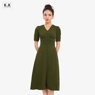 Đầm liền công sở nữ dáng xòe phối nút K&K Fashion KK162-31 Chất liệu Chéo thái
