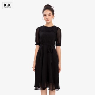 Đầm màu đen dáng xòe tay lỡ thắt nơ eo K&K Fashion KK162-30 Chất liệu Chiffon phối ren