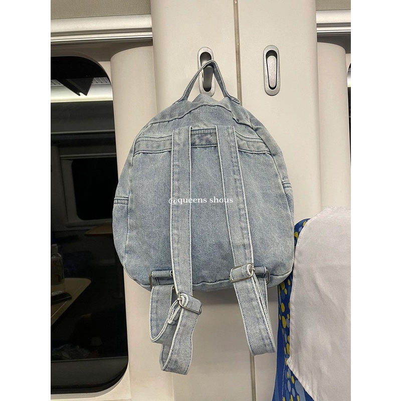 2023 phong cách mới phiên bản hàn quốc ba lô denim màu xanh nhạt ba lô nhỏ diamond-studded love retro preppy style