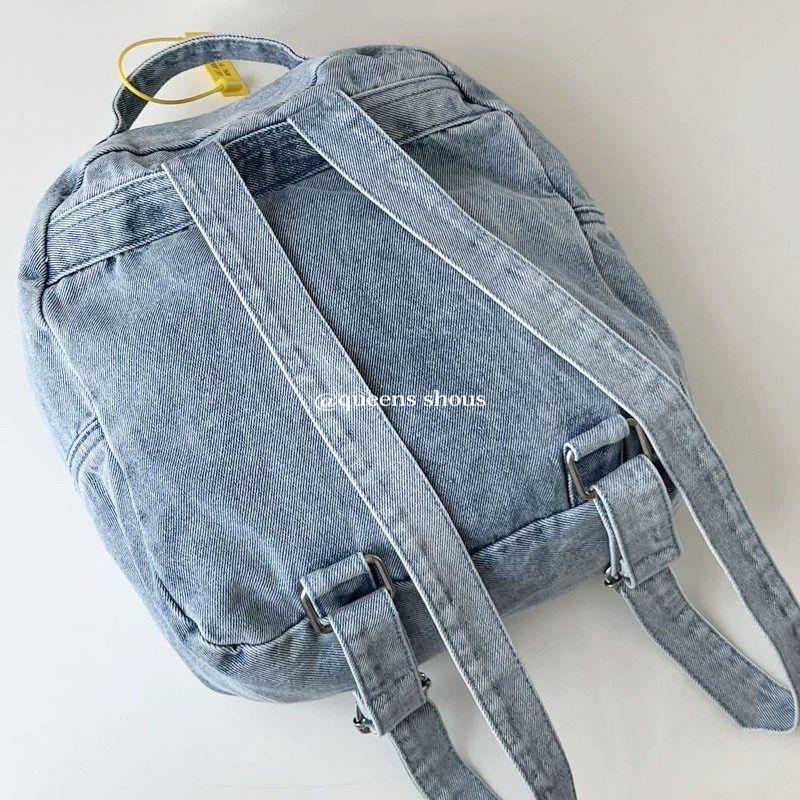2023 phong cách mới phiên bản hàn quốc ba lô denim màu xanh nhạt ba lô nhỏ diamond-studded love retro preppy style