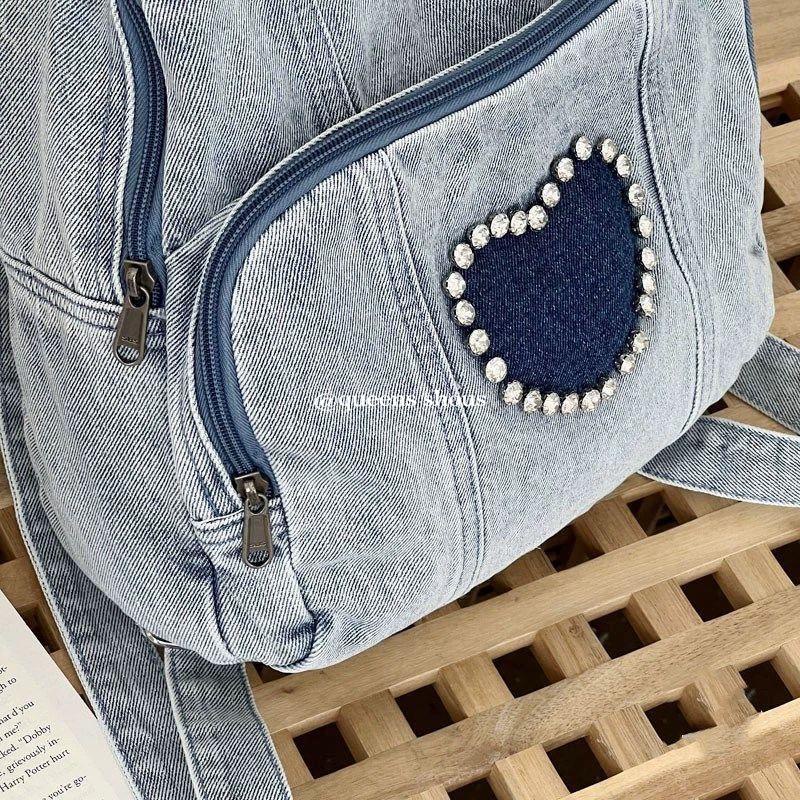 2023 phong cách mới phiên bản hàn quốc ba lô denim màu xanh nhạt ba lô nhỏ diamond-studded love retro preppy style
