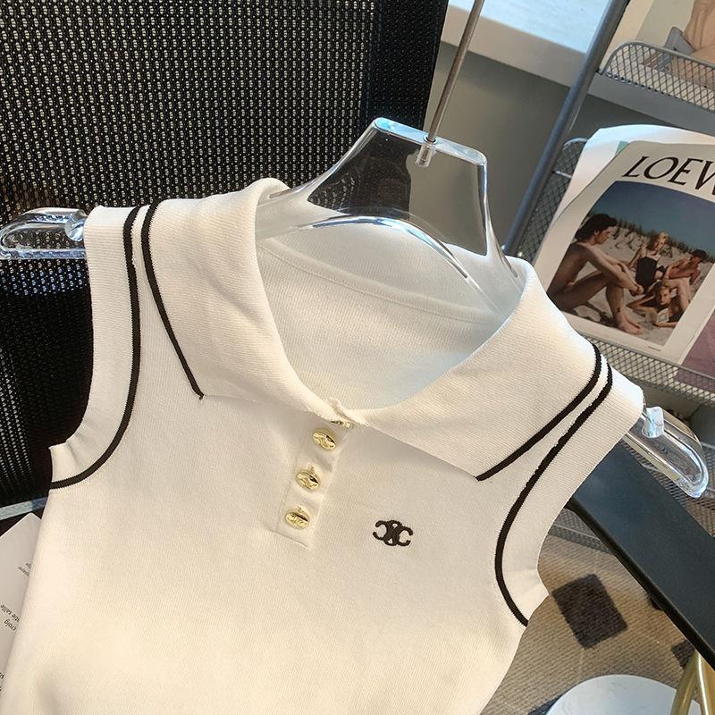 Pháp sang trọng polo cổ áo không tay áo len dệt kim phụ nữ mùa hè thiết kế mới sense niche slim short top