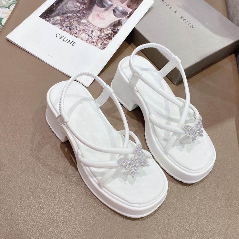 GIÀY SANDAL XỎ NGÓN QUAI DÂY ỐNG CHARM ĐÁ ĐẾ ĐÚC PU CAO 5 PHÂN