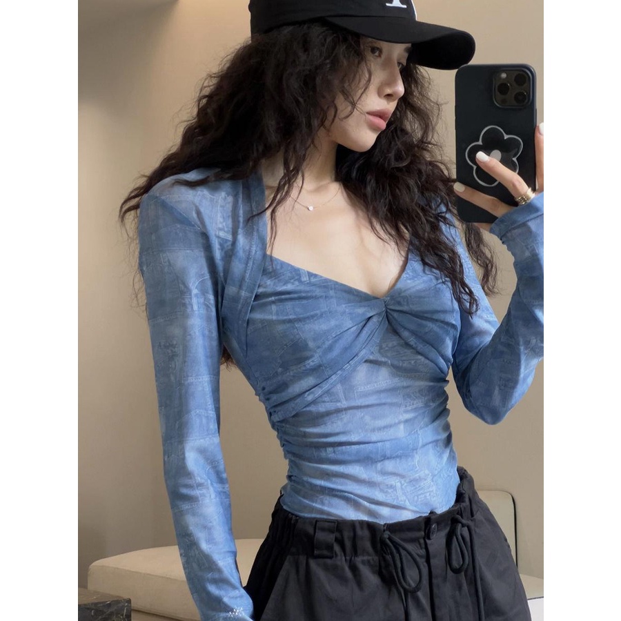All in summer blue thin waist v-neck color printing hot girl top women s design niche long-sleeved thin t-shirt tide