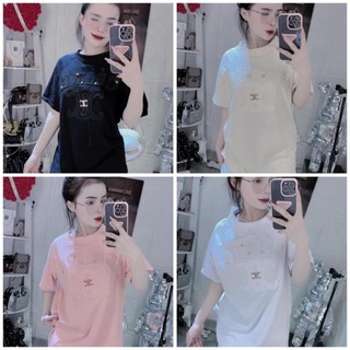 Áo thun CELIN dáng Unisex dài rộng, Áo phông 3158 chất cotton khô hình thêu logo