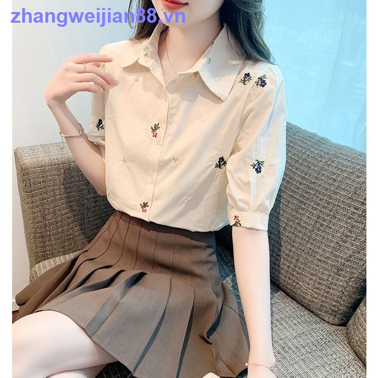 Women s short-sleeved shirt summer new thêu shirt women s short-sleeved apricot shirt shirt small fr