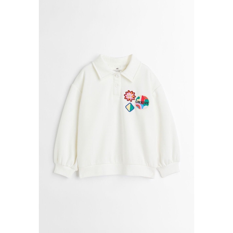 Áo nỉ bông HM cổ đức màu trắng thêu ngực BEST KID CREATIVE size 2 - 12y