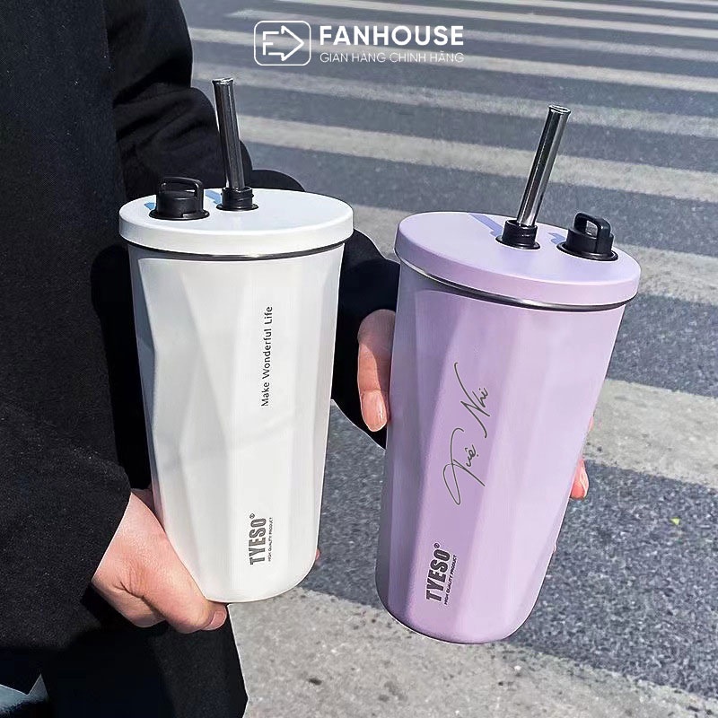 Ly giữ nhiệt cao cấp Tyeso Wonder 600ml cốc nước giữ nhiệt Fan House bình có ống hút, khắc tên