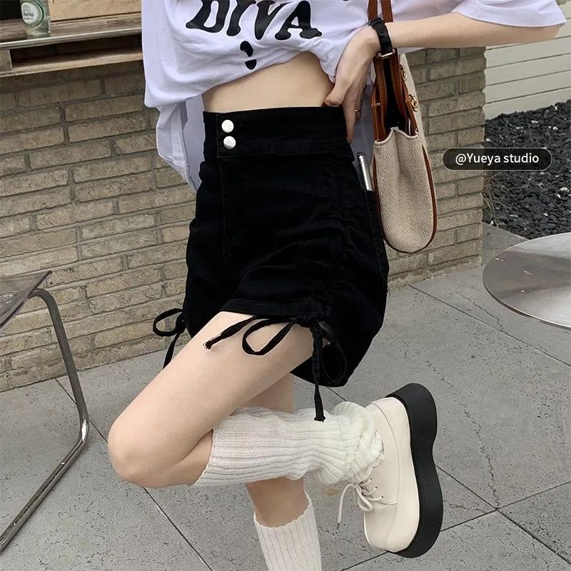 Jiashucheng Quần Short denim Dây Rút Lưng Cao Dáng Chữ a Phong Cách Hàn Quốc Thời Trang Mùa Hè Hàng Mới Dành Cho Bạn Nữ