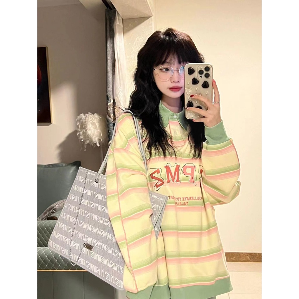 Mùa thu phong cách mới áo sọc nữ chính hãng vai preppy phong cách lỏng dài-tay áo