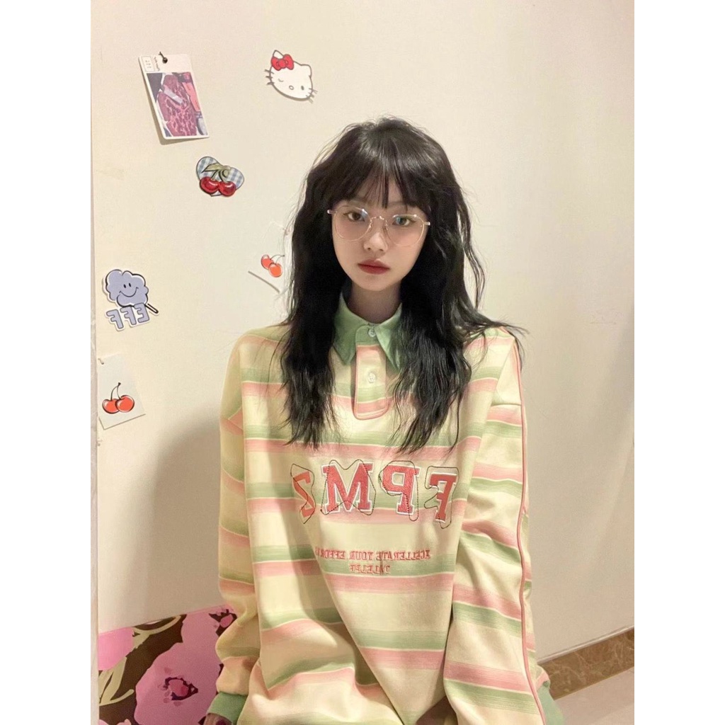 Mùa thu phong cách mới áo sọc nữ chính hãng vai preppy phong cách lỏng dài-tay áo