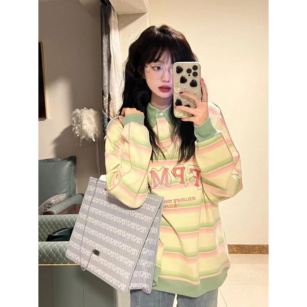 Mùa thu phong cách mới áo sọc nữ chính hãng vai preppy phong cách lỏng dài-tay áo