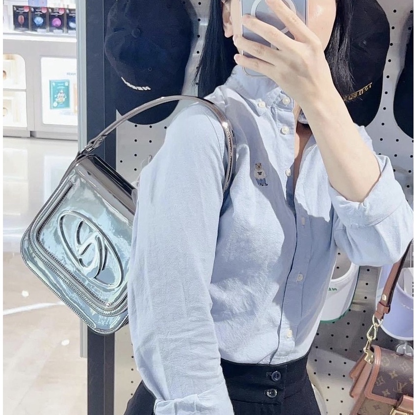 Túi đeo chéo Nerdy chính hãng kim loại crossback 2 chiều, túi xách da bóng sáng sang trọng | 핀휠 메탈릭 투웨이 크로스백