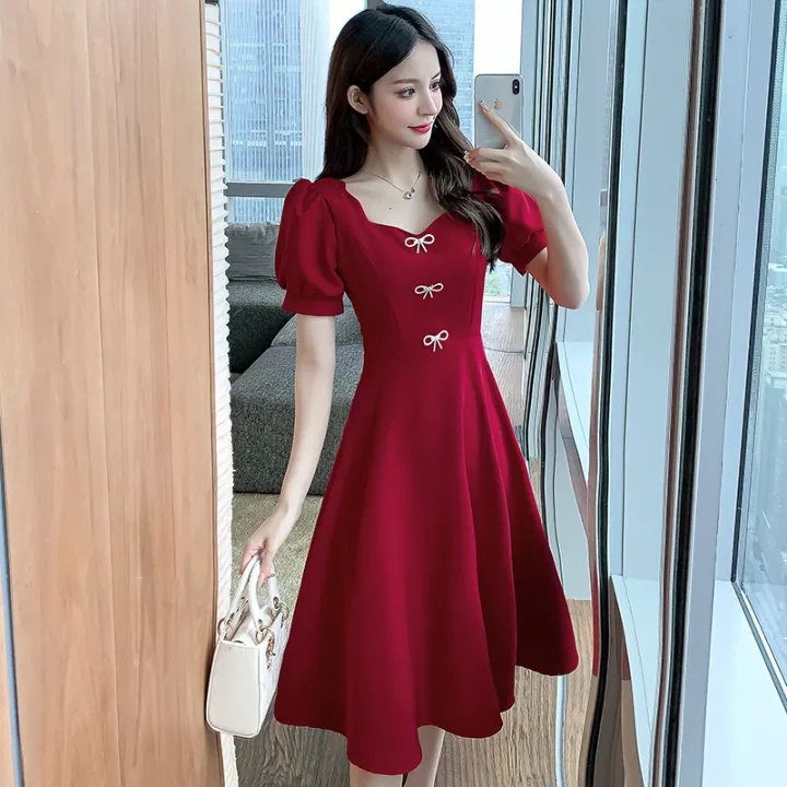 ISAHINI váy đầm váy nữ đầm đi đám cưới Trang phục năm mới đỏ QZ04