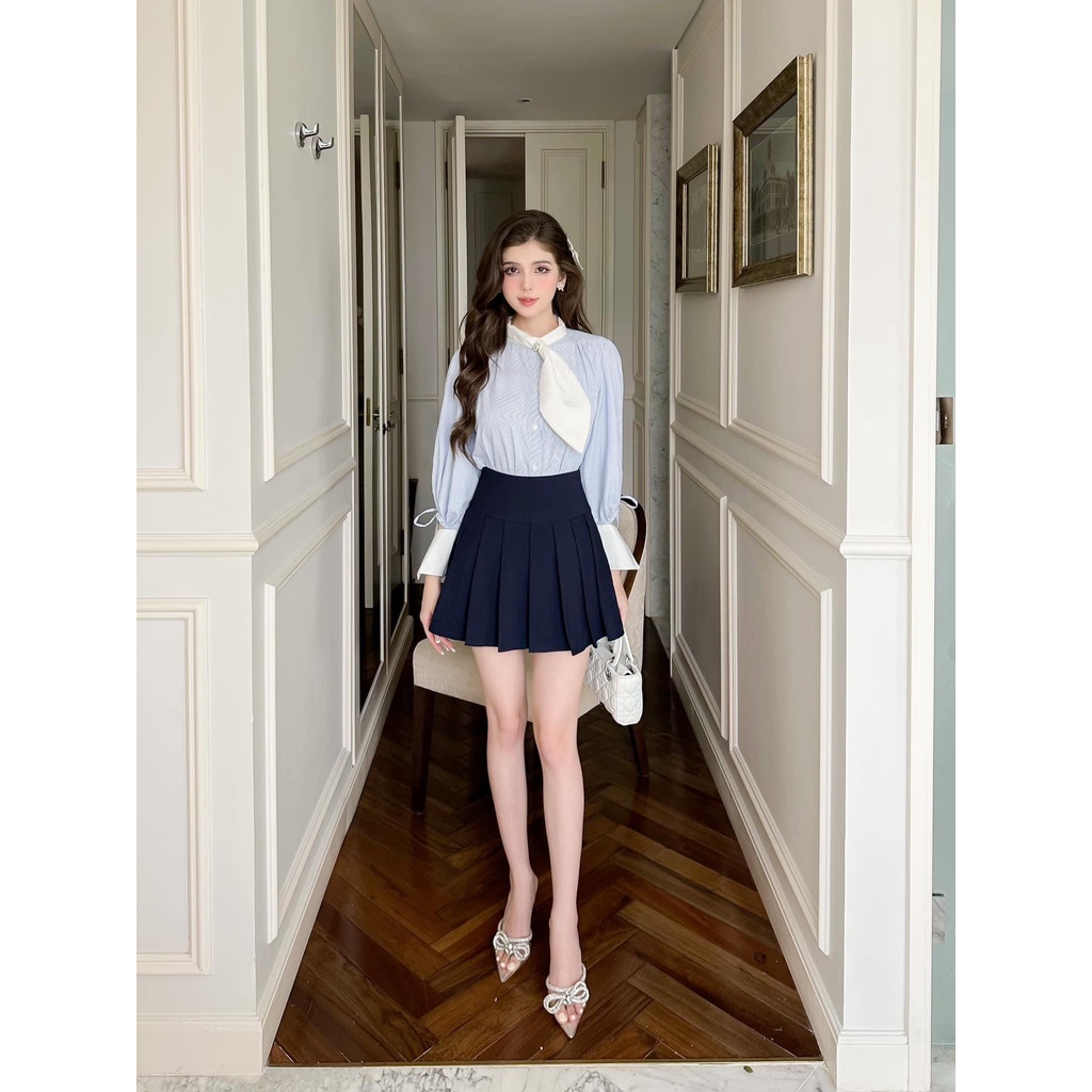 Áo sơ mi SELENA SHIRT cổ chéo vắt dây nơ hoạ tiết kẻ by The Camellia Studio