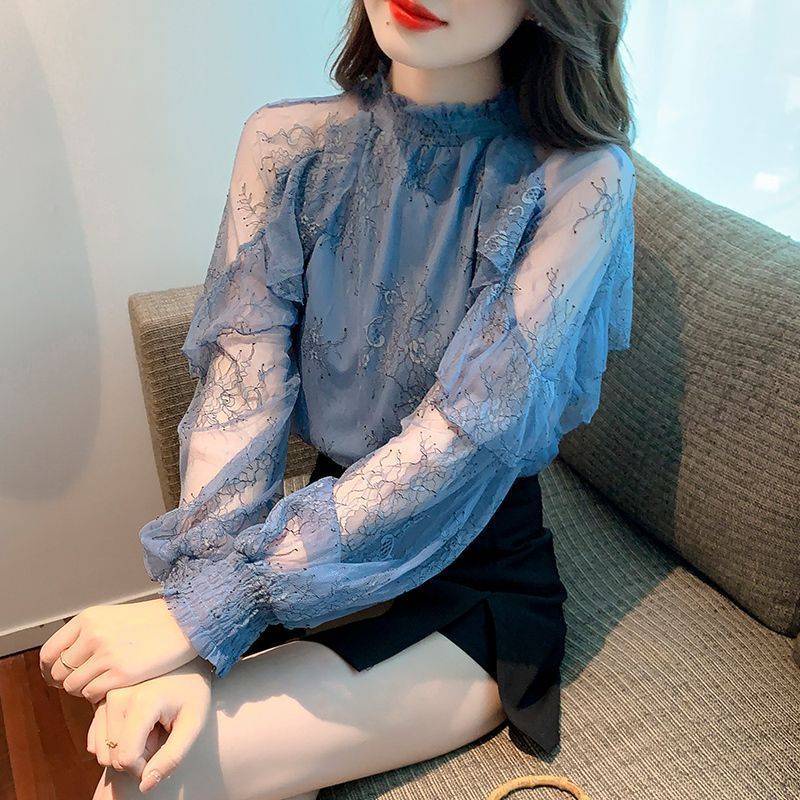Chất lượng cao áo sơ mi tay dài 2023 spring new standing collar off shoulder mesh mảnh voan top dành cho phụ nữ với thiết kế nhỏ sense french super immortal top