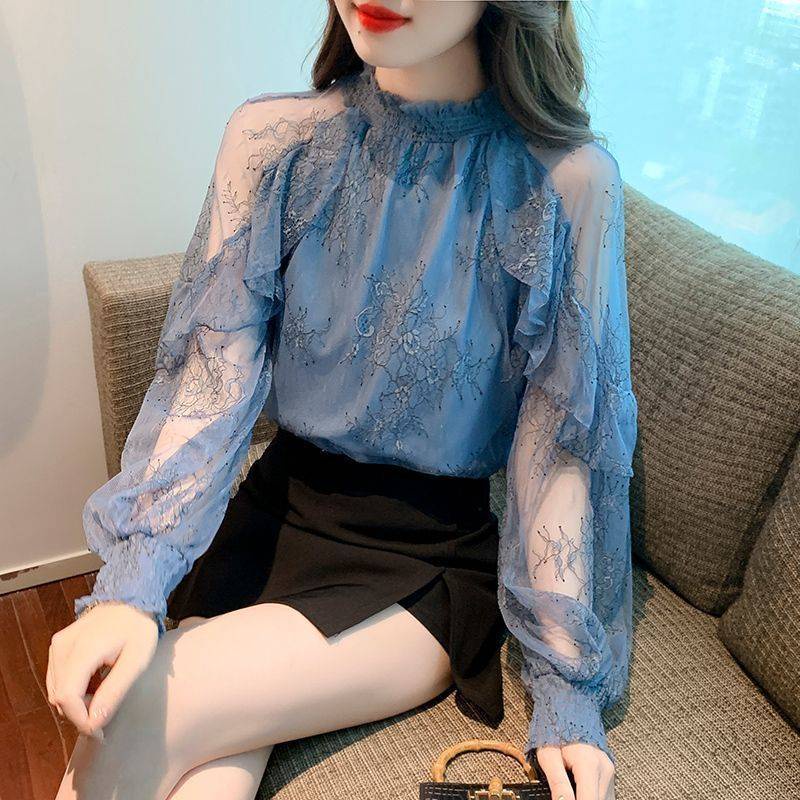 Chất lượng cao áo sơ mi tay dài 2023 spring new standing collar off shoulder mesh mảnh voan top dành cho phụ nữ với thiết kế nhỏ sense french super immortal top