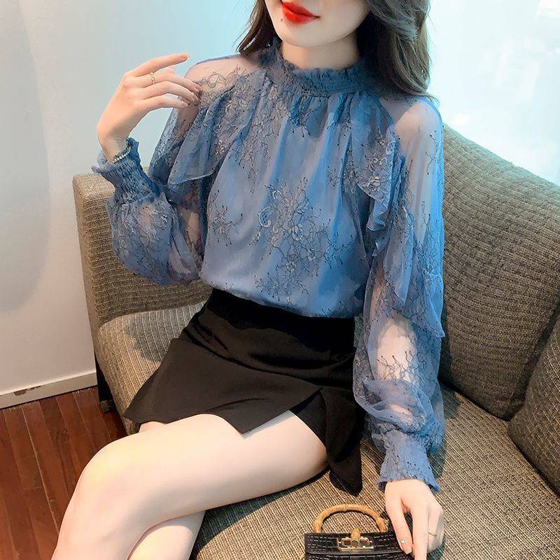 Chất lượng cao áo sơ mi tay dài 2023 spring new standing collar off shoulder mesh mảnh voan top dành cho phụ nữ với thiết kế nhỏ sense french super immortal top