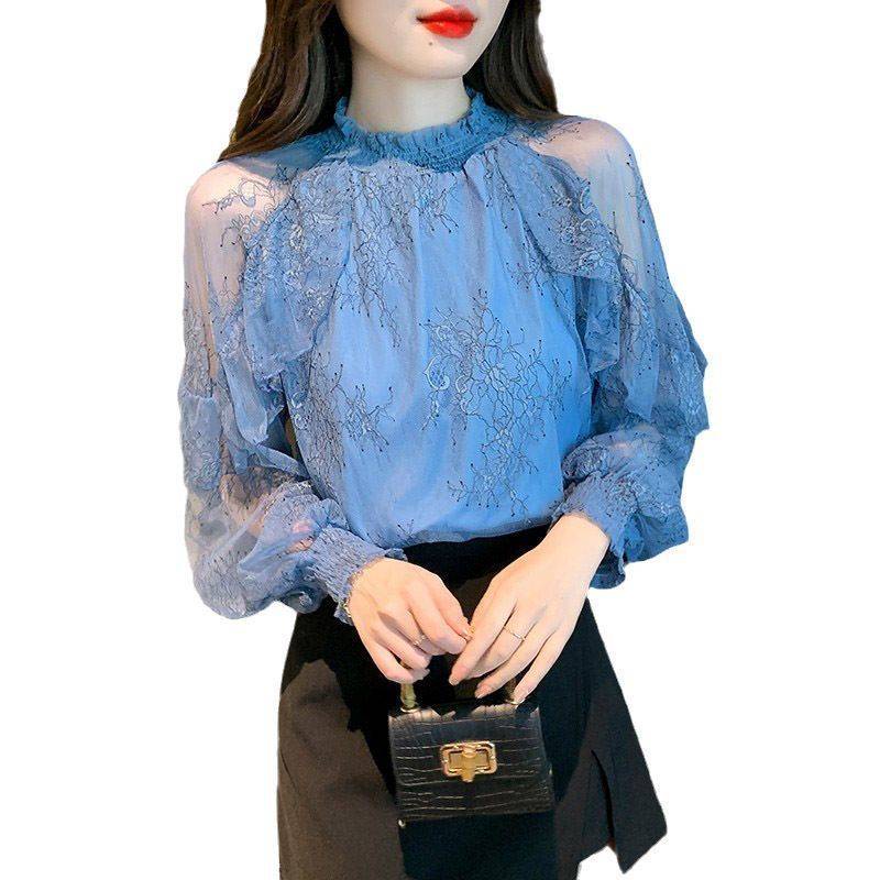 Chất lượng cao áo sơ mi tay dài 2023 spring new standing collar off shoulder mesh mảnh voan top dành cho phụ nữ với thiết kế nhỏ sense french super immortal top