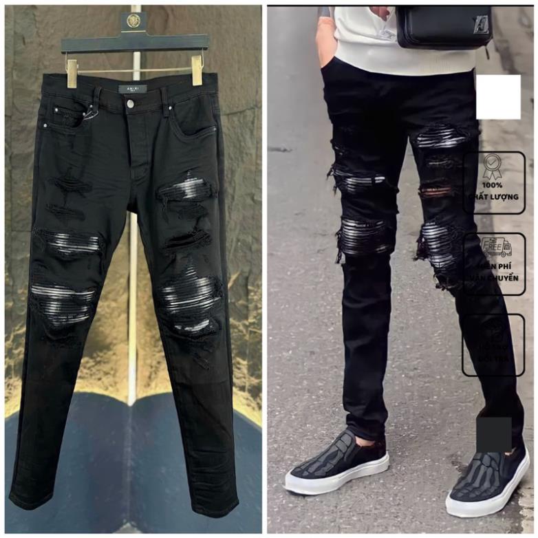 Quần jean bò nam Amiri skinny likeauth rách xù đùi gối vá vải nhăn sọc đen trắng 4 cúc cài mới