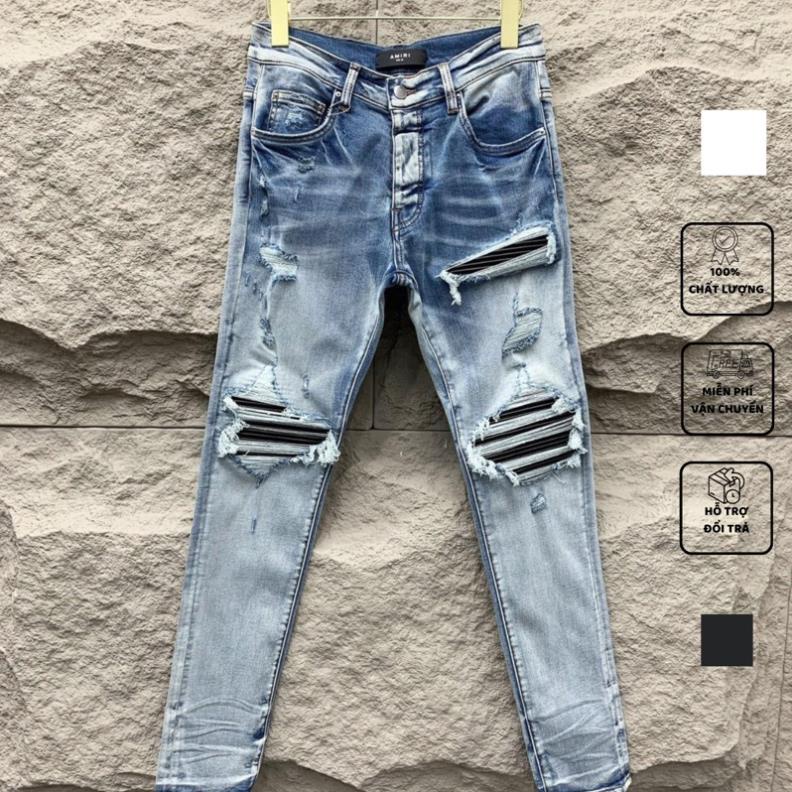 Quần Bò Nam 4 Cúc Xanh Mài Bạc Gối Lót Da Đen Quần Jeans Amiri Xanh Khói Rách Xước Cao Cấp