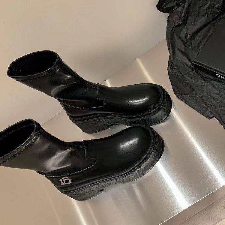 Hot girl but knee-length knight boots women 2023 spring summer new style european american style platform sole slimmer look tăng chiều cao boots ngắn boot