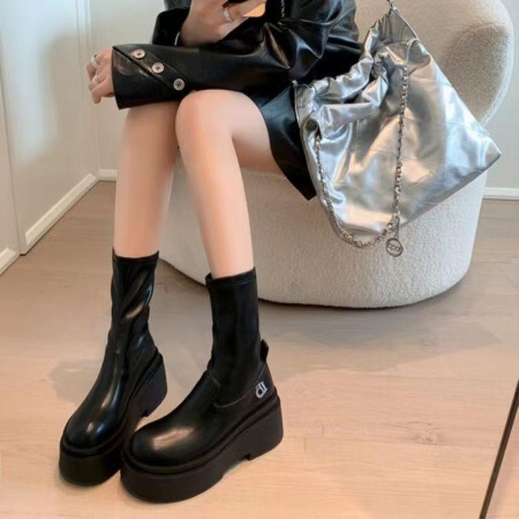Hot girl but knee-length knight boots women 2023 spring summer new style european american style platform sole slimmer look tăng chiều cao boots ngắn boot