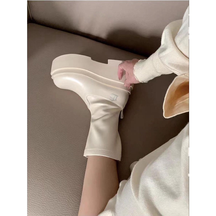 Hot girl but knee-length knight boots women 2023 spring summer new style european american style platform sole slimmer look tăng chiều cao boots ngắn boot