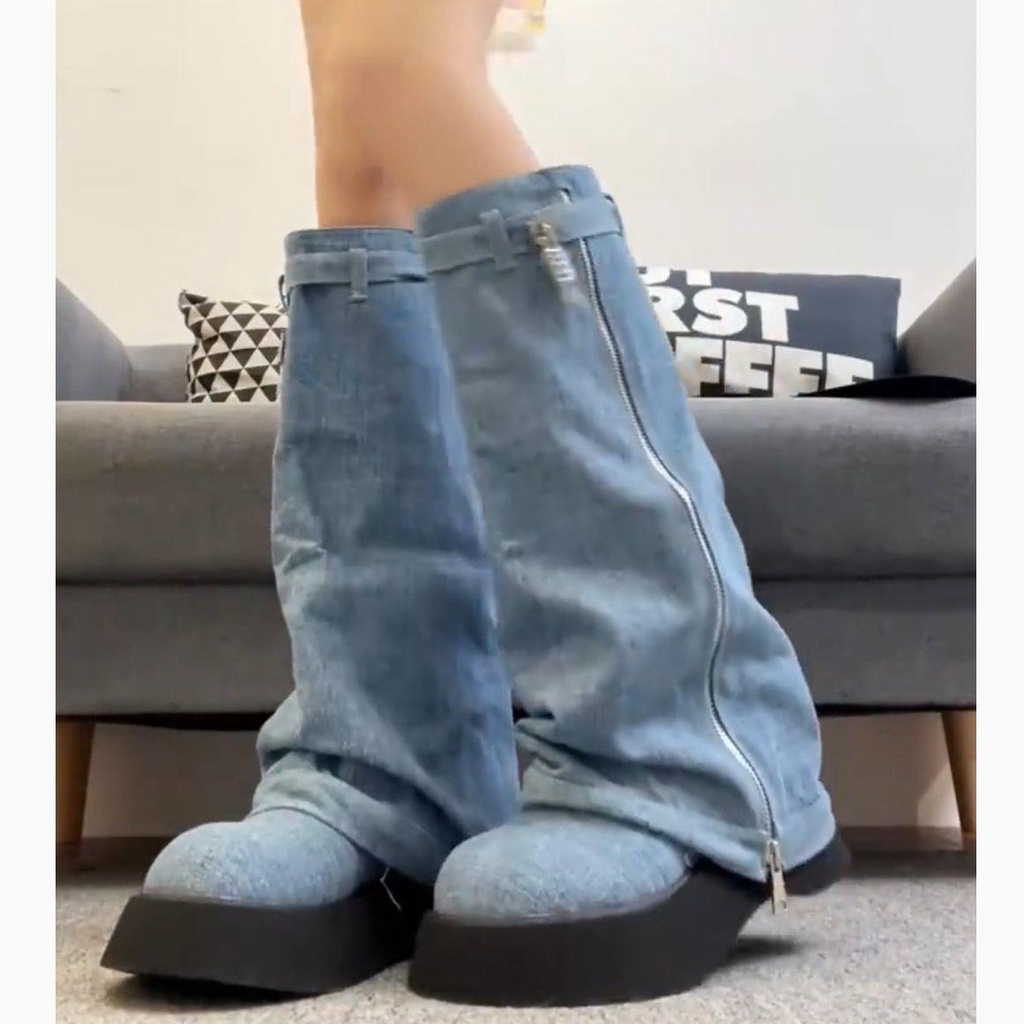 Ins super hot denim pile boots hot girl western cowboy boots but knee boots mỏng mỏng giày nữ đầu to