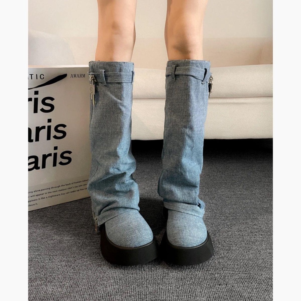 Ins super hot denim pile boots hot girl western cowboy boots but knee boots mỏng mỏng giày nữ đầu to