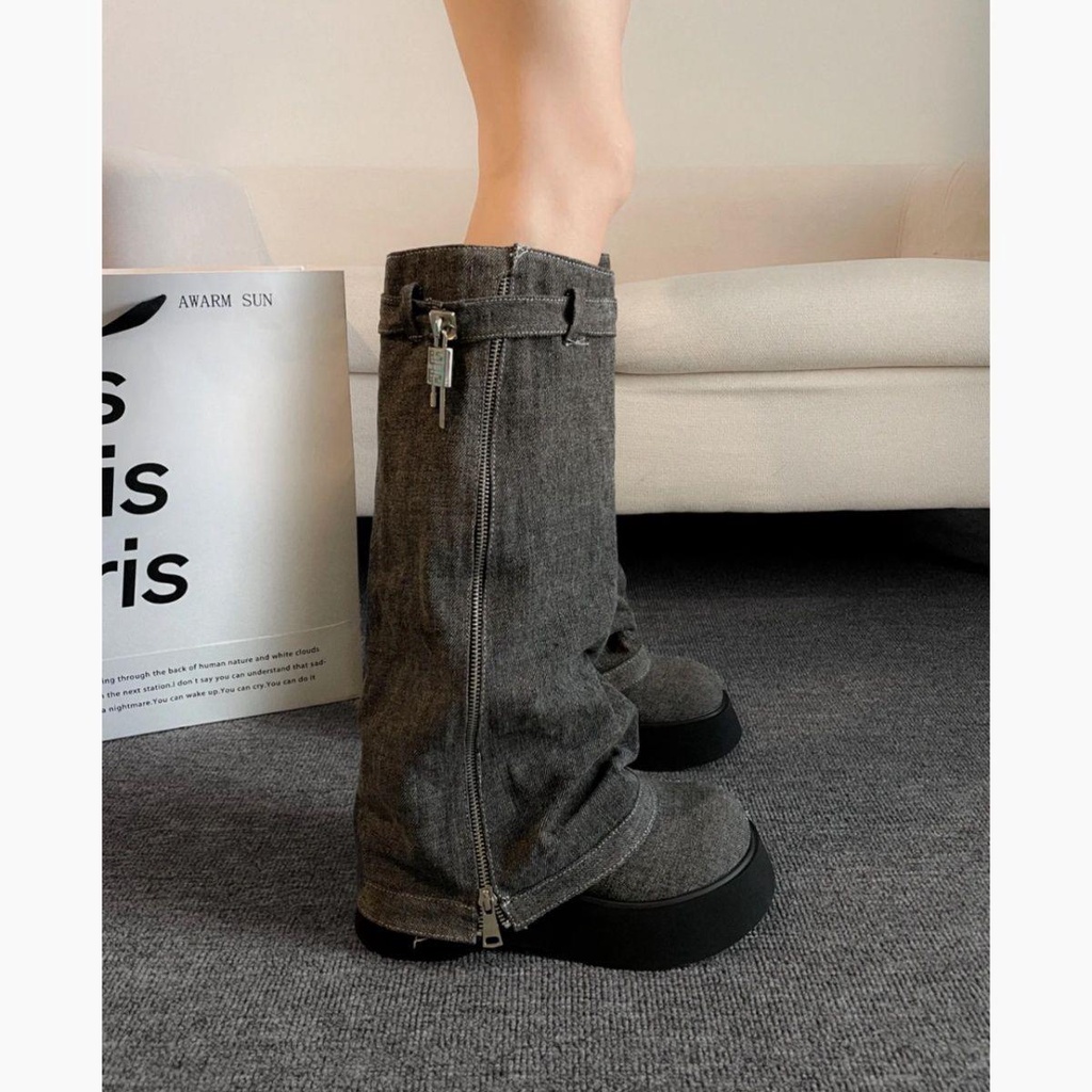 Ins super hot denim pile boots hot girl western cowboy boots but knee boots mỏng mỏng giày nữ đầu to