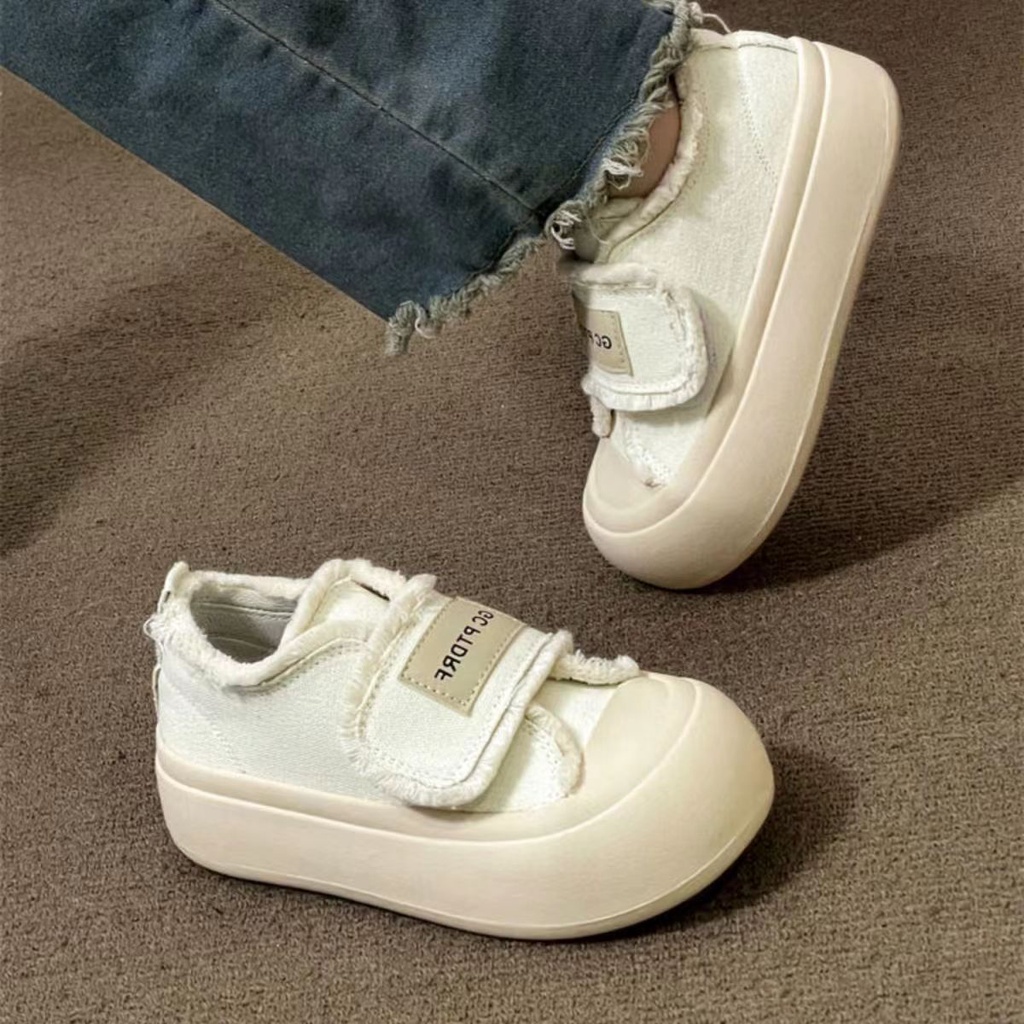 Giày bánh mì nữvelcro mẫu mới đế dày cao thời trang Mỹ giày trượt ván vải trắng thường ngày