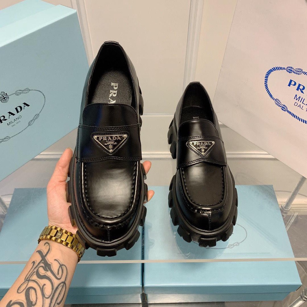 Prada2023 Giày Lười muffin Hình Tam Giác Dày Dặn Phong Cách Mùa Xuân Sang Trọng Da