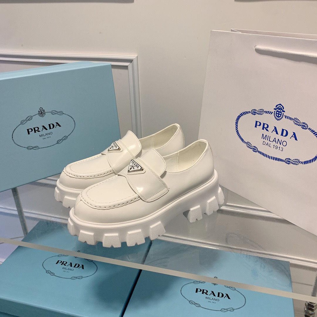 Prada2023 Giày Lười muffin Hình Tam Giác Dày Dặn Phong Cách Mùa Xuân Sang Trọng Da