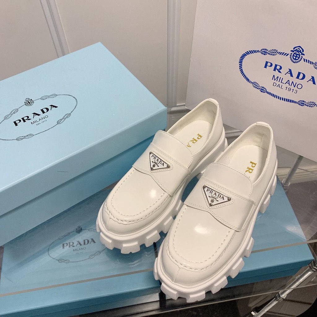 Prada2023 Giày Lười muffin Hình Tam Giác Dày Dặn Phong Cách Mùa Xuân Sang Trọng Da