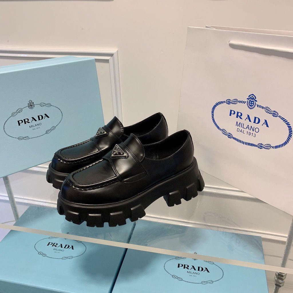 Prada2023 Giày Lười muffin Hình Tam Giác Dày Dặn Phong Cách Mùa Xuân Sang Trọng Da