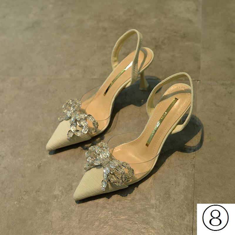 2023 mùa xuân phong cách mới thời trang mũi nhọn gót nhọn giày cao gót rhinestone nơ lưng dây đeo baotou xăng đan giày nữ hợp thời trang