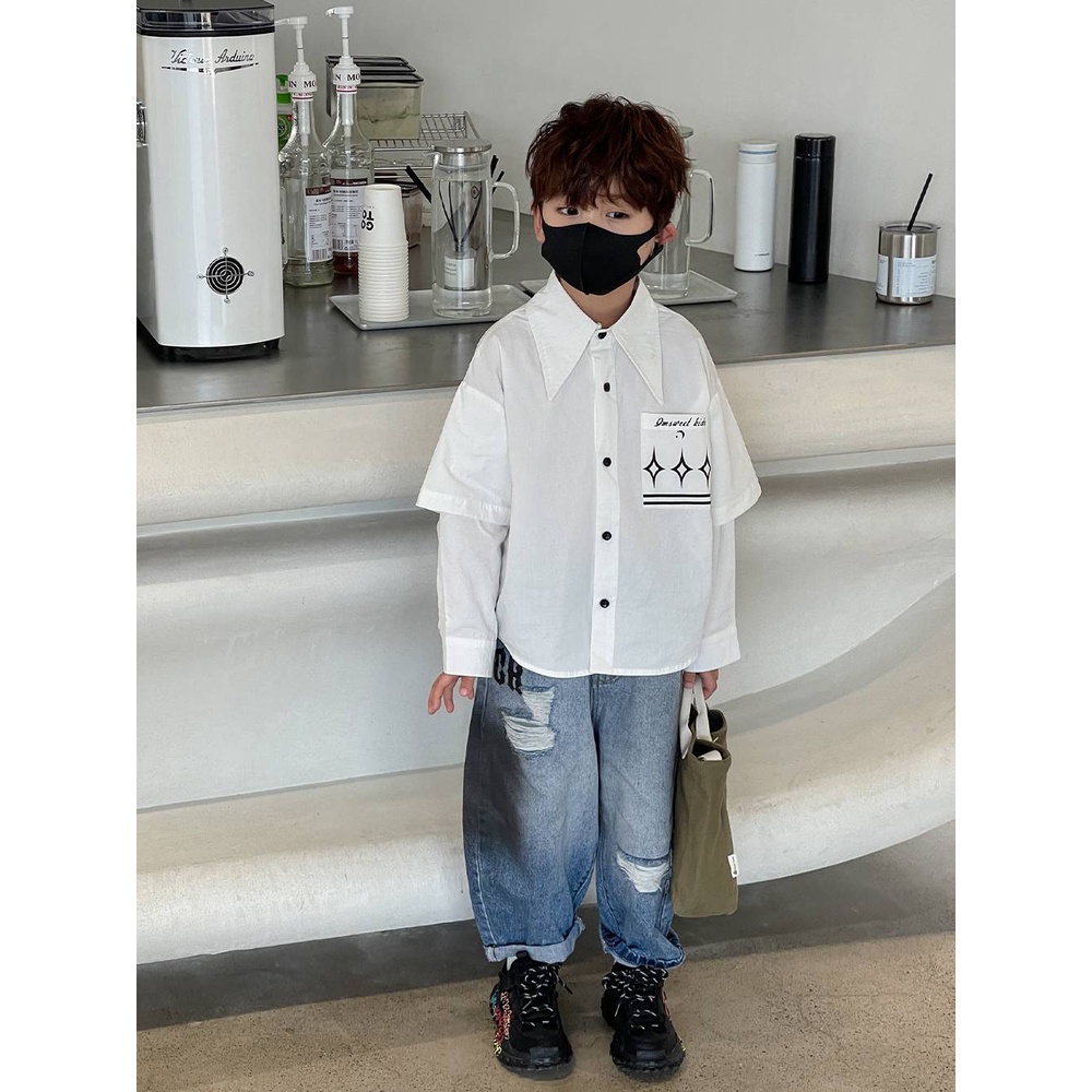 * O s mi Áo Sơ mi Giả Hai Mảnh Cổ Áo Nhọn Phong Cách Phương Tây Đơn Giản Dễ Phối Đồ Mùa Xuân 2023 Cho Bé Trai