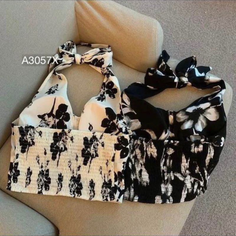 Áo bra nữ hoạ tiết croptop cổ yếm hở lưng cột nơ chun sau hoạ tiết hoa ôm body sexy kiểu hàn quốc